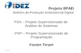 PSA – Projeto Supervisionado de Análise de Sistemas PSP – Projeto Supervisionado de Programação Equipe Target Projeto BPAD Boletim de Produção Ambulatorial.