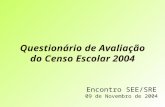 Questionário de Avaliação do Censo Escolar 2004 Encontro SEE/SRE 09 de Novembro de 2004.