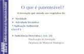 O que é patenteável? Suficiência Descritiva ( Art. 24) Realização da Invenção Depósito de Material Biológico A invenção que atenda aos requisitos de: Novidade.