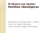 O léxico no texto: famílias ideológicas Semântica e Pragmática – 12012 Prof. Dn. Sabine Mendes Universidade Veiga de Almeida.