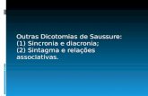 Outras Dicotomias de Saussure: (1) Sincronia e diacronia; (2) Sintagma e relações associativas.