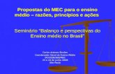 Propostas do MEC para o ensino médio – razões, princípios e ações Seminário Balanço e perspectivas do Ensino médio no Brasil Carlos Artexes Simões Coordenador.