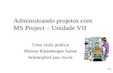 1/20 Administrando projetos com MS Project – Unidade VII Uma visão prática Helene Kleinberger Salim helene@inf.puc-rio.br.