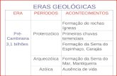 ERAS GEOLÓGICAS ERAPERÍODOSACONTECIMENTOS Formação de rochas ígneas Pré- Cambriana ProterozóicoPrimeiras chuvas torrenciais 3,1 bilhõesFormação da Serra.