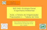 BIG 048 -Ecologia Geral Engenharia Ambiental Aula -1 Níveis de Organização Populações 1 – Tabela de Vida Prof. Ricardo Motta Pinto-Coelho Departamento.
