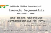 Audiência Pública Quadrimestral Execução Orçamentária Jan/Abril- 2006 por Macro Objetivos Governamentais do PPAG Júlio Ribeiro Pires - SMPL Ana Luiza Nabuco.