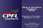 4 de Setembro de 2007 Carlos Augusto Gerente da Divisão de Projetos Especiais da CPFL Energia Fórum de Eficiência Energética UNICAMP Programa de Eficiência.