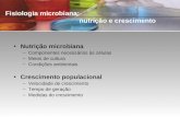 Fisiologia microbiana: nutrição e crescimento Nutrição microbiana –Componentes necessários às células –Meios de cultura –Condições ambientais Crescimento.
