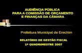 AUDIÊNCIA PÚBLICA PARA A COMISSÃO DE ORÇAMENTO E FINANÇAS DA CÂMARA Prefeitura Municipal de Erechim RELATÓRIO DE GESTÃO FISCAL 1º QUADRIMESTRE 2007.