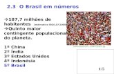1/5 2.3 O Brasil em números 187,7 milhões de habitantes ( estimativa IBGE,07/2008) Quinto maior contingente populacional do planeta. 1º China 2º Índia.