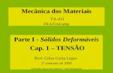 Mecânica dos Materiais TA-431 FEA/Unicamp Parte I - Sólidos Deformáveis Cap. 1 – TENSÃO Prof. Celso Costa Lopes 2º semestre de 2009 [utilizadas figuras.
