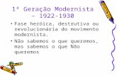 1ª Geração Modernista – 1922-1930 Fase heróica, destrutiva ou revolucionária do movimento modernista. Não sabemos o que queremos, mas sabemos o que Não.