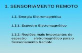 1. SENSORIAMENTO REMOTO 1.3. Energia Eletromagnética 1.3.1. Espectro Eletromagnético 1.3.2. Regiões mais importantes do espectro eletromagnético para o.
