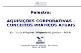 Palestra: AQUISIÇÕES CORPORATIVAS - CONCEITOS PRÁTICOS ATUAIS Dr. Luiz Wagner Miqueletti Junior - MBA Fundação Getulio Vargas - São Paulo Maio de 2003.