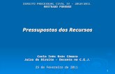 1 DIREITO PROCESSUAL CIVIL IV – 2010/2011 MESTRADO FORENSE Pressupostos dos Recursos Carla Inês Brás Câmara Juíza de Direito - Docente no C.E.J. 25 de.