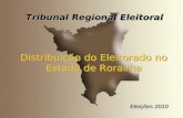 Tribunal Regional Eleitoral Eleições 2010 Tribunal Regional Eleitoral Eleições 2010 Distribuição do Eleitorado no Estado de Roraima.