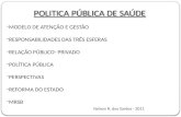 POLITICA PÚBLICA DE SAÚDE -MODELO DE ATENÇÃO E GESTÃO -RESPONSABILIDADES DAS TRÊS ESFERAS -RELAÇÃO PÚBLICO- PRIVADO -POLÍTICA PÚBLICA -PERSPECTIVAS -REFORMA.