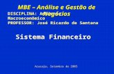 MBE – Análise e Gestão de Negócios Aracaju, Setembro de 2005 Sistema Financeiro DISCIPLINA: Ambiente Macroeconômico PROFESSOR: José Ricardo de Santana.