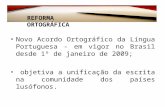 Novo Acordo Ortográfico da Língua Portuguesa - em vigor no Brasil desde 1º de janeiro de 2009; objetiva a unificação da escrita na comunidade dos países.