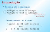 Níveis de segurança –Proteção no nível de serviços –Proteção no nível da aplicação Investimentos no Brasil ordem de R$ 500 milhões ano, 3 – 5 % do volume.