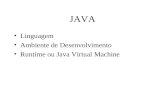 JAVA Linguagem Ambiente de Desenvolvimento Runtime ou Java Virtual Machine.