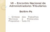 VII – Encontro Nacional de Administradores Tributários Belém-Pa Síntese dos Trabalhos Técnicos e Protocolos Propostos – Sala 01.