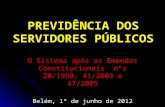 PREVIDÊNCIA DOS SERVIDORES PÚBLICOS O Sistema após as Emendas Constitucionais nºs 20/1998, 41/2003 e 47/2005 Belém, 1º de junho de 2012.