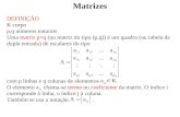 Matrizes DEFINIÇÃO K corpo p,q números naturais Uma matriz p×q (ou matriz do tipo (p,q)) é um quadro (ou tabela de dupla entrada) de escalares do tipo.