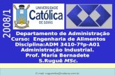 Departamento de Administração Curso: Engenharia de Alimentos Disciplina:ADM 3410-7ºp-A01 Administração Industrial. Prof. Maria Bernadete S.Ruguê MSc.