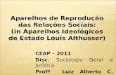 Aparelhos de Reprodução das Relações Sociais: (in Aparelhos Ideológicos de Estado Louis Althusser) CEAP – 2011 Disc. Sociologia Geral e Jurídica Profº.