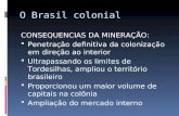 O Brasil colonial CONSEQUENCIAS DA MINERAÇÃO:  Penetração definitiva da colonização em direção ao interior  Ultrapassando os limites de Tordesilhas,