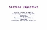 Sistema Digestivo Função sistema digestivo Constituição sistema digestivo Digestão Deglutição Movimentos Peristálticos Absorção Disfunções do sistema digestivo.