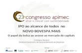 IPO ao alcance de todos no NOVO BOVESPA MAIS O papel da bolsa ao acesso ao mercado de capitais Cristiana Pereira Diretora Comercial e de Desenvolvimento.