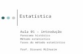 Aula 01 – introdução Panorama histórico Método estatístico Fases do método estatístico Prof. Diovani Milhorim Estatística.
