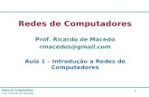 Redes de Computadores Prof. Ricardo de Macedo 1 Redes de Computadores Prof. Ricardo de Macedo rmacedos@gmail.com Aula 1 – Introdução a Redes de Computadores.