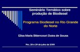 Programa Biodiesel no Rio Grande do Norte Elisa Maria Bittencourt Dutra de Sousa Seminário Temático sobre produção de Biodiesel Rio, 28 e 29 de julho de.