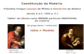 Constituição da Matéria Filósofos Gregos Leocipo de Mileto e Demócrito de Abdera século V a.C. (450 a. C.) “Idéia” do átomo como MENOR partícula INDIVISÍVEL.