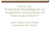 Currículo, Propostas Pedagógicas ou Propostas Curriculares na Educação Infantil? Profa. Antônia Ferreira Nonata Profa. Denise Silva Araújo.
