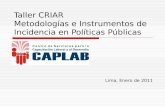 Taller CRIAR Metodologías e Instrumentos de Incidencia en Políticas Públicas Lima, Enero de 2011.