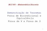 1 BCC101 – Matemática Discreta Demonstração de Teoremas Prova de Bicondicional e Equivalência Prova de ∀ e Prova de ∃