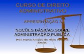 CURSO DE DIREITO ADMINISTRATIVO APRESENTAÇÃO 3 NOÇÕES BÁSICAS SOBRE ADMINISTRAÇÃO PÚBLICA Prof. Marco Antônio de Mello Pacheco Neves.