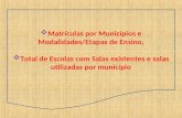 Matrículas por Municípios e Modalidades/Etapas de Ensino,  Total de Escolas com Salas existentes e salas utilizadas por município.