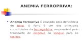 ANEMIA FERROPRIVA: Anemia ferropriva É causada pela deficiência de ferro. O ferro é um dos principais constituintes da hemoglobina, responsável pelo transporte.