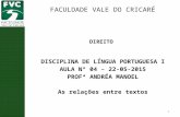 DIREITO DISCIPLINA DE LÍNGUA PORTUGUESA I AULA Nº 04 – 22-05-2015 PROFª ANDRÉA MANOEL As relações entre textos FACULDADE VALE DO CRICARÉ 1.