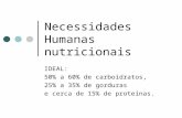 Necessidades Humanas nutricionais IDEAL: 50% a 60% de carboidratos, 25% a 35% de gorduras e cerca de 15% de proteínas.