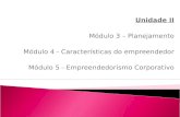 Unidade II Módulo 3 – Planejamento Módulo 4 - Características do empreendedor Módulo 5 - Empreendedorismo Corporativo.