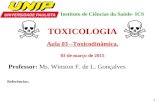 1 Instituto de Ciências da Saúde- ICS TOXICOLOGIA Aula 03 –Toxicodinâmica. 03 de março de 2015 Professor: Ms. Winston F. de L. Gonçalves Referências: -