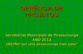 GERÊNCIA DE PROJETOS Secretarias Municipais de Pirassununga ANO 2013 GESTÃO:”por uma pirassununga mais justa”