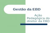 Gestão da EBD Ação Pedagógica do diretor da EBD. Uma boa gestão da EBD implica em: Planejamento Formação Continuada dos Professores Atenção ao Ensino.
