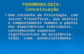 FENOMENOLOGIA: Conceituação  Uma corrente da Psicologia, com raízes filosóficas, que analisa o comportamento humano a partir das experiências individuais,